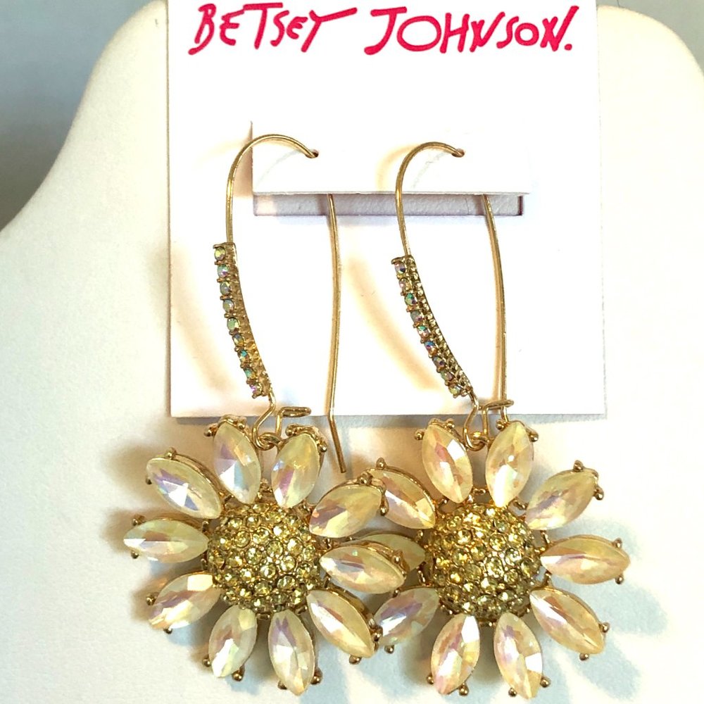 Betsey Johnson Pave Daisy Flower Long Drop Earrings